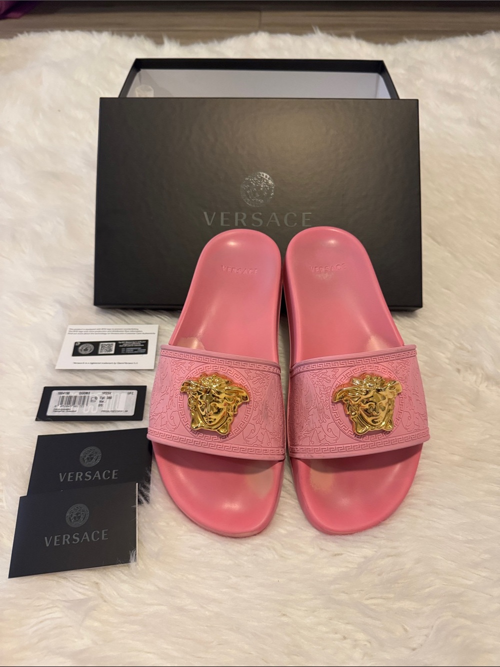 Versace Pink Rubber Medusa Slide Sandals with Gold Emblem